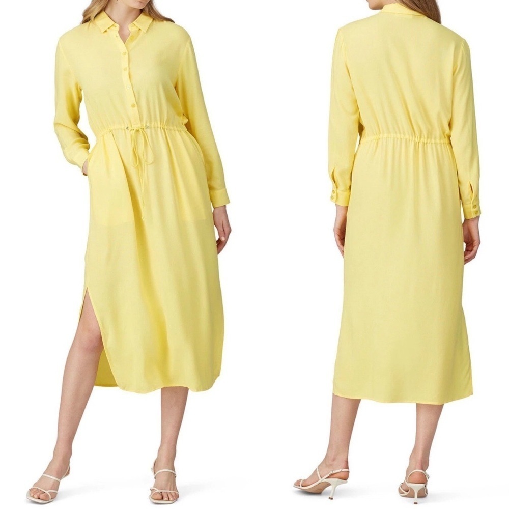 Sita Murt Yellow Linen Blend Button Front Drawstring Waist Midi Shirt Dress 36/4
